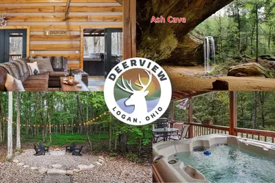 two pictures of a cabin with a pool and a tree at Deerview Cabin by Wanderlust Properties in Logan