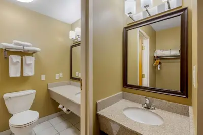 a bathroom with a toilet and a sink and a mirror at Best Western Falcon Plaza - Bowling Green in Bowling Green