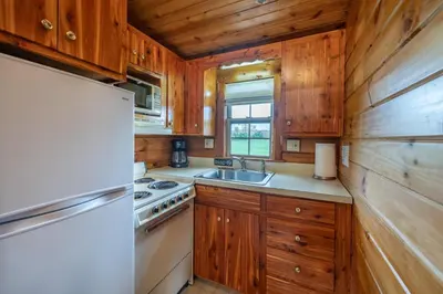 a kitchen with wooden cabinets and a refrigerator at Olive Leaf Cabin in Millersburg