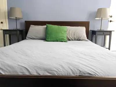 a bed with a green pillow on top of it at Cozy Apt in Walkable Area Downtown with Parking in Cincinnati