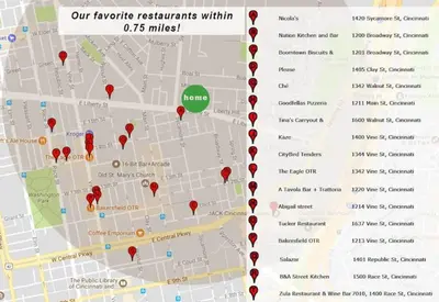 a map of our favorite restaurants within o miles at Cozy Apt in Walkable Area Downtown with Parking in Cincinnati