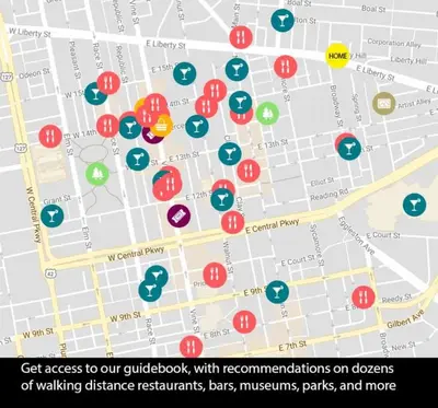 a map of a city with red and green spots at Stylish Flat in Walkable Downtown w Parking in Cincinnati