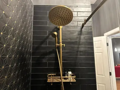 a shower in a bathroom with a black wall at The Historic Lyric Penthouse with Private Rooftop in Cincinnati