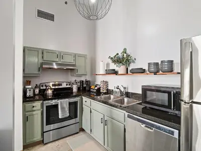 a kitchen with green cabinets and stainless steel appliances at Skyloft Condo - Walk To Stadiums - City Views in Cleveland