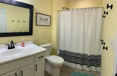 a bathroom with a toilet and a sink and a mirror at 100 Acre Relaxing Retreat Near ARK- The Farmhouse in Williamstown