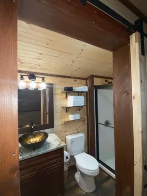 a bathroom with a toilet and a sink at Lakeside Cabin Hot tub close to Ark Encounter in Corinth
