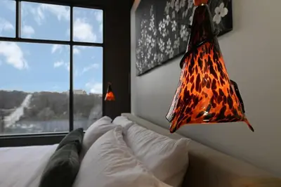 a bedroom with a bed with a lamp on it at Luxury Condo in Akron Northside District in Akron