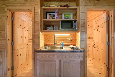 a kitchen with a sink and a microwave at Bison Hollow Hideaway in South Bloomingville