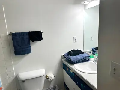 a bathroom with a toilet and a sink and a mirror at Home in Hudson in Hudson