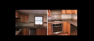 a kitchen with wooden cabinets and a stove top oven at Home in Hudson in Hudson