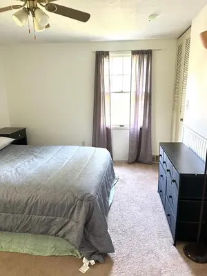 a bedroom with a bed and a dresser and a window at Home in Hudson in Hudson
