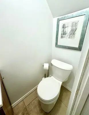 a bathroom with a toilet and a picture on the wall at The House Hotel Elmwood in Lakewood