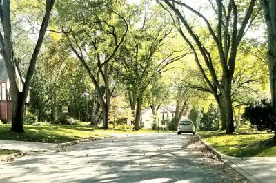 a car driving down a street with trees at Exclusive Ottawa Hills Private Home, Garage, WD, Gourmet Equipped kitchen, Netflix in Ottawa Hills