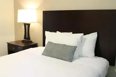 a bed with a pillow and a lamp on a table at Bay Lodging Resort in Put-in-Bay