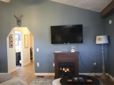a living room with a fireplace and a tv on the wall at Rise and Shine! A Gorge-ous cabin! in Korea