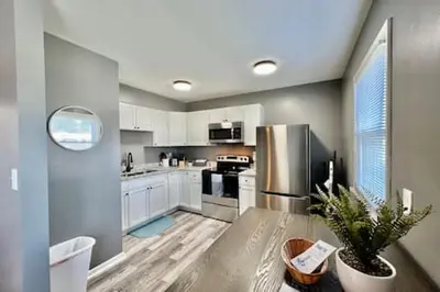 a kitchen with white cabinets and a table with a plant at Charming, Stylish remodeled Trenton Apartment in Trenton
