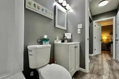 a bathroom with a white toilet and a sink at Charming, Stylish remodeled Trenton Apartment in Trenton