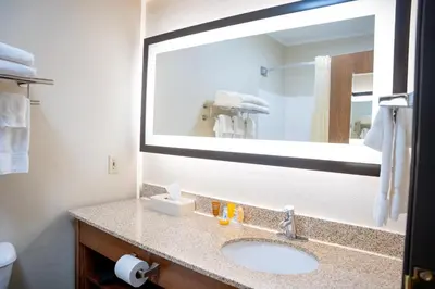 a bathroom with a sink and a large mirror at Coshocton Village Inn & Suites in Coshocton