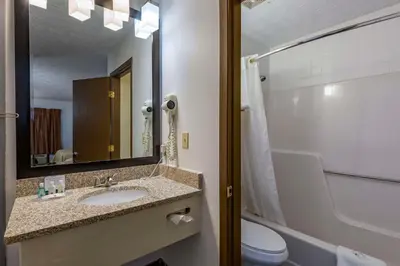 a bathroom with a sink and a toilet and a mirror at Quality Inn Austintown-Youngstown West in Youngstown