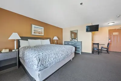 a bedroom with a bed and a desk and a television at Bayshore Resort At Put-In-Bay in Put-in-Bay