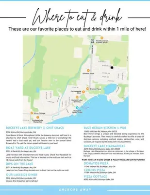 a map of where to eat and drink at Anchors Away - Relaxing Cottage Minutes from Lake in Buckeye Lake