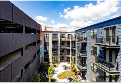 an aerial view of two apartment buildings with a courtyard at Charming 1BR 1BA Apartment Near Downtown Cincinnati in Cincinnati