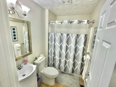 a bathroom with a toilet and a sink and a shower at Charming Spacious Get Away in Shelbyville