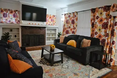 a living room with a black couch and a fireplace at Lovely 3 Bed Room in Cleveland in Cleveland Heights