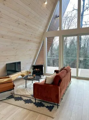 a living room with a couch and a fireplace at Fox Ridge-Black Alder Lodging in Logan