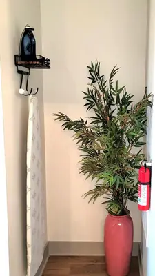 a plant in a red vase next to a wall at Private Boutique Getaway - Fireplace & Soaking Tub - Downtown Loft - by Cross-Key Vacation Rentals in Millersburg