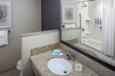 a bathroom with a sink and a toilet and a mirror at Courtyard by Marriott Charleston Downtown/Civic Center in Charleston