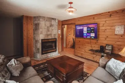 a living room with a couch and a fireplace at King Bed House w Private Hot Tub in South Bloomingville