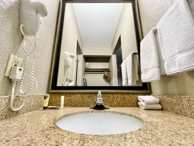 a bathroom sink with a mirror and a phone at FairBridge Inn & Suites Fort Wayne in Fort Wayne