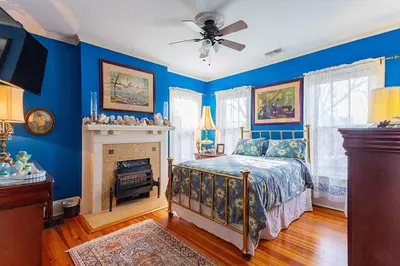 a blue bedroom with a bed and a fireplace at Mike & Allen's Place on the Park_1 in Columbus