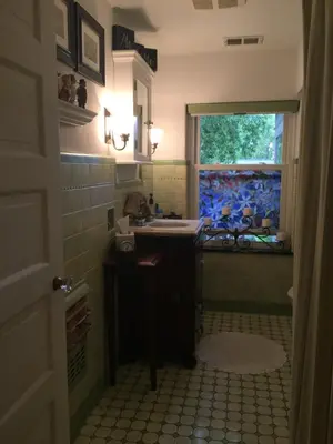 a bathroom with a sink and a fish window at Mike & Allen's Place on the Park_2 in Columbus
