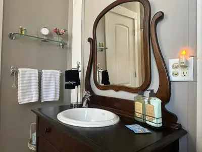 a bathroom with a sink and a large mirror at Iron Gate Inn in Madison