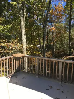 a wooden deck with a table and trees in the background at Historic Farmhouse by Nature Preserve in Charleston