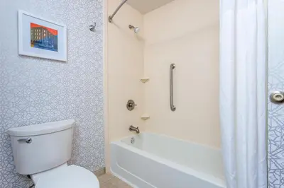 a bathroom with a white toilet and a shower at Hampton Inn and Suites Parkersburg Downtown in Parkersburg