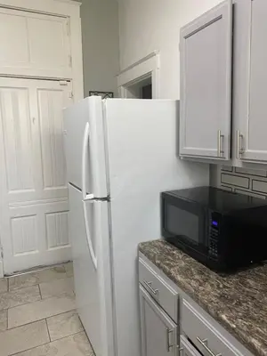 a kitchen with a white refrigerator and a microwave at Walnut Hills Studio/ Private room in Cincinnati