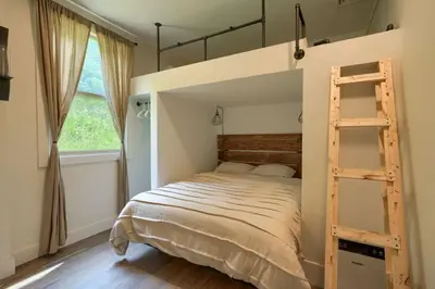 a bedroom with a bunk bed with a ladder at Swaying Pines Cabin w/EV Charger in South Bloomingville