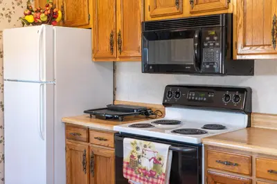a kitchen with a white stove and a microwave at Sunset Cottage in Good Hope