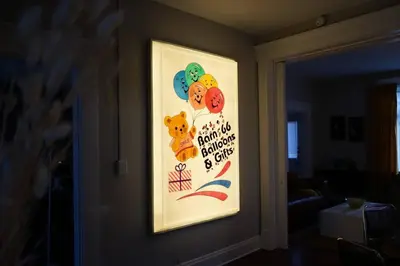 a sign on a wall with a teddy bear and balloons at Cute Charming Vintage Townhome in German Village in Columbus