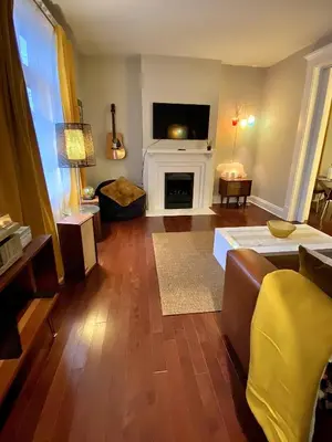 a living room with a couch and a fireplace at Cute Charming Vintage Townhome in German Village in Columbus