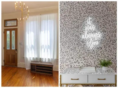 a living room with a chandelier and a room with a wall at 4BR Bridal, Group Retreat - Walkable - Skyline Views in Cincinnati