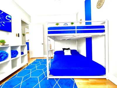 a bedroom with a blue bunk bed with a cat on it at The Sapphire Haven - Your Old Brooklyn Oasis Awaits Families, Couples, Business Travelers Near Downtown With Parking, 300 MB WiFi & Self Check-In in Cleveland