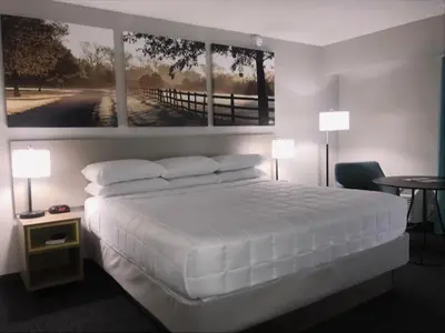 a bedroom with a white bed and two windows at Days Inn & Suites by Wyndham Lexington in Lexington