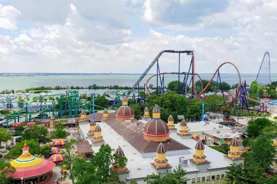 an aerial view of an amusement park with a roller coaster at Fiesinger House - Private 3-bd Unit in Historic Home, Downtown Sandusky in Sandusky