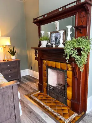 a living room with a fireplace with plants on it at Guesthouse 214 at Guesthouse Lodging in Millersburg