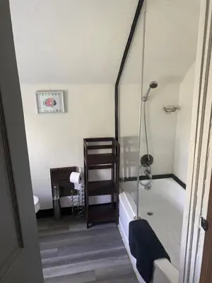 a bathroom with a shower and a bath tub at Awesome Attic studio3B private room /shared apt in Cincinnati
