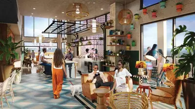a rendering of a restaurant with people sitting in chairs at DT Delight Downtown Living One-bedroom Endless Access in Cleveland